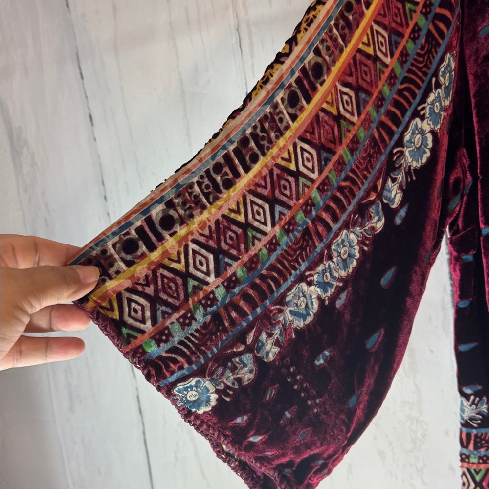 Johnny Was Burgundy Silk/Velvet Sheer and Multicolor Tunic - Picture 5 of 9